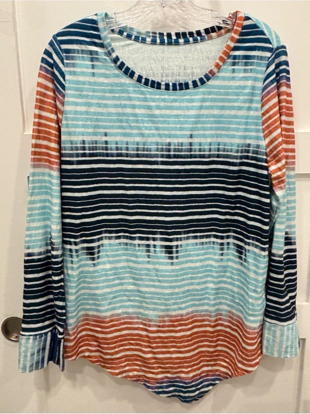 Soft Surroundings Striped Ombre Long Sleeve Top in Aqua, Navy and Rust